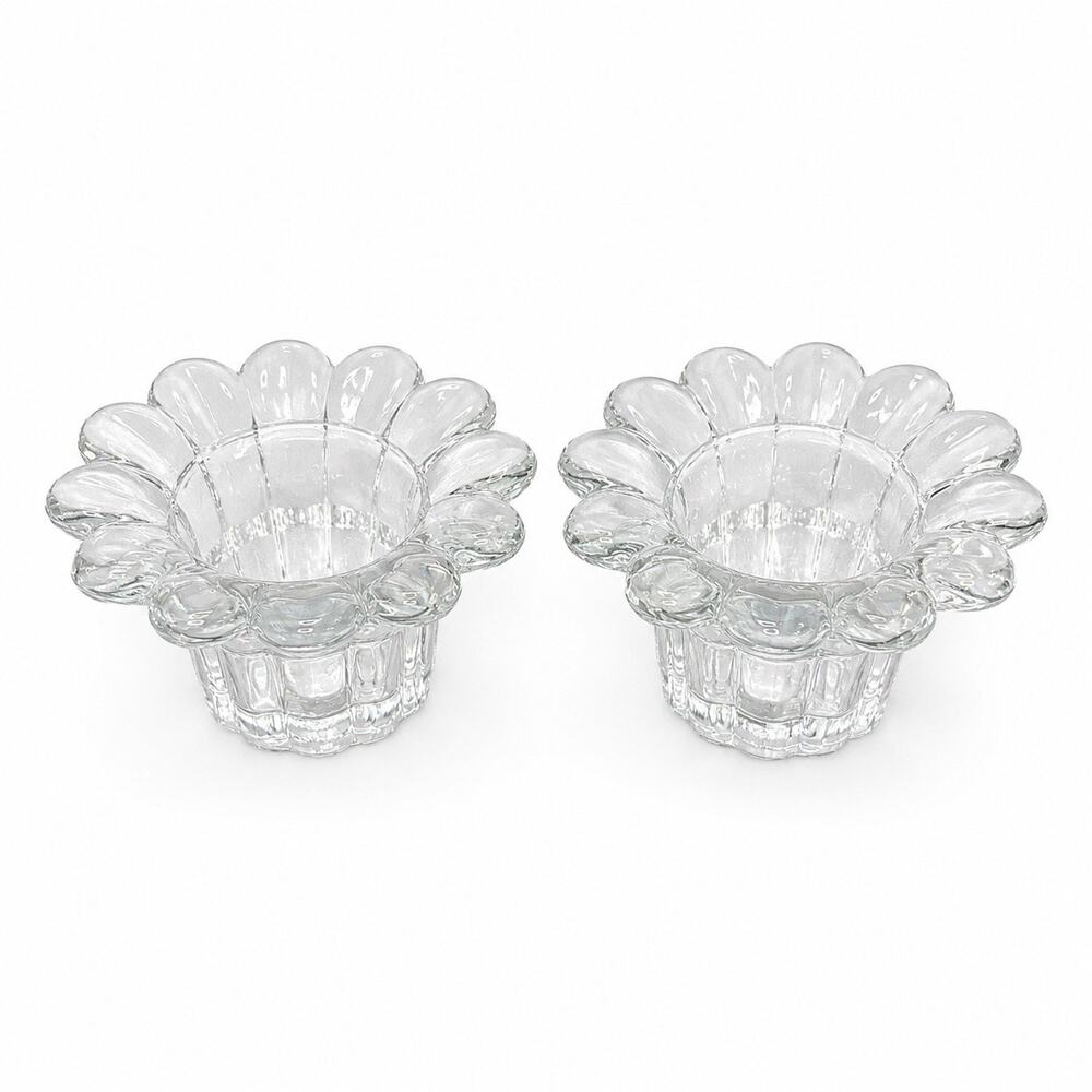 Vintage Borgonovo Italy Clear Glass Flower Candle Holders Pair 3 Inch Italian